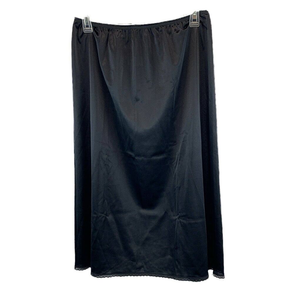Vintage Women's Black Half Slip Skirt Silky Nylon Slit Lace Trim Size Large